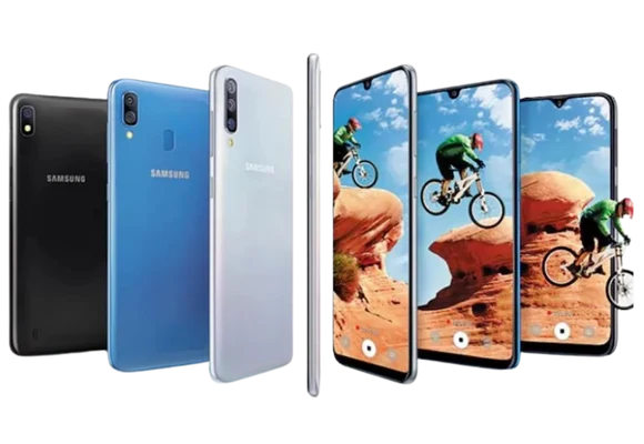 A collection of Samsung mobile phones in different colors (black, blue, and white) displayed alongside a smartphone showing a vibrant landscape and a person riding a bike, illustrating a modern and dynamic mobile experience